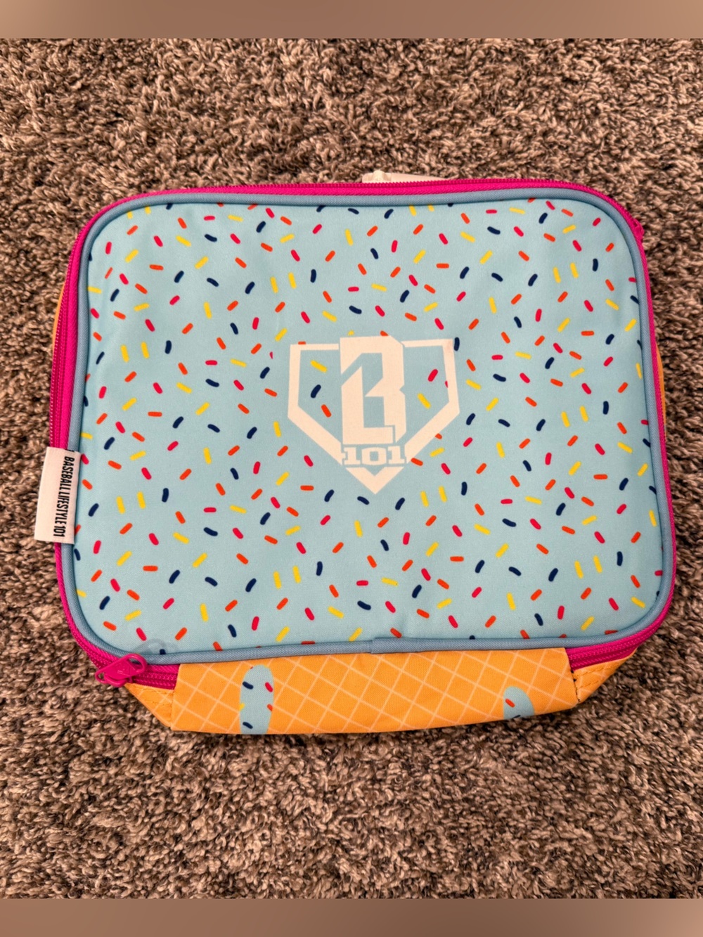 Baseball Lifestyle 101 Insulated Lunch Box Bag Sprinkle Print Blue Pink Zipper